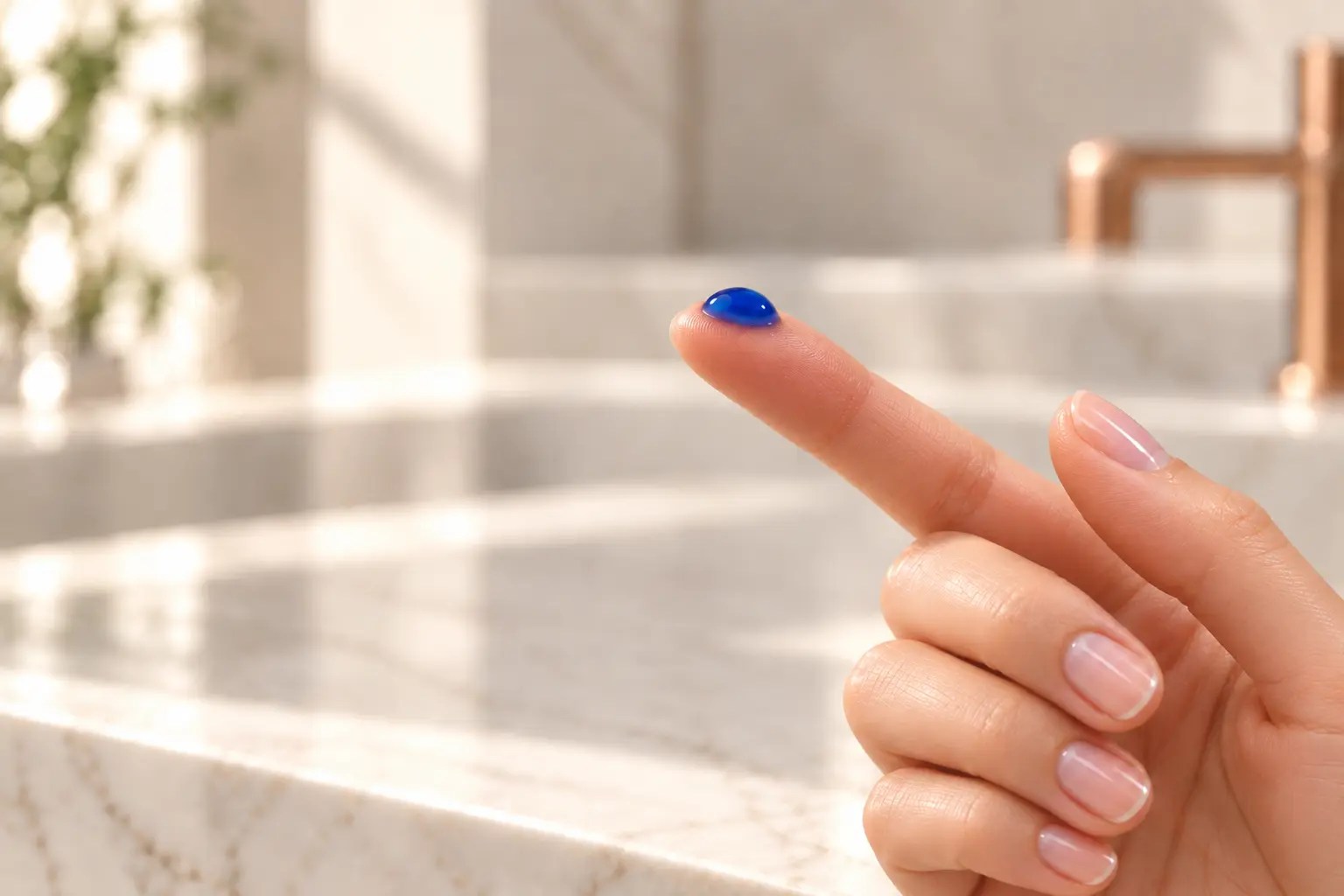 A small bead of vivid blue BlueVera LUXE³ copper peptide serum on the fingertip of a young woman in a softly blurred luxury bathroom.