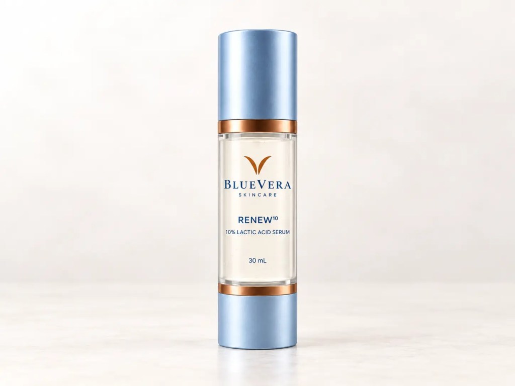 BlueVera RENEW¹⁰ 10% lactic acid serum in a clear airless bottle on a soft ivory studio background.